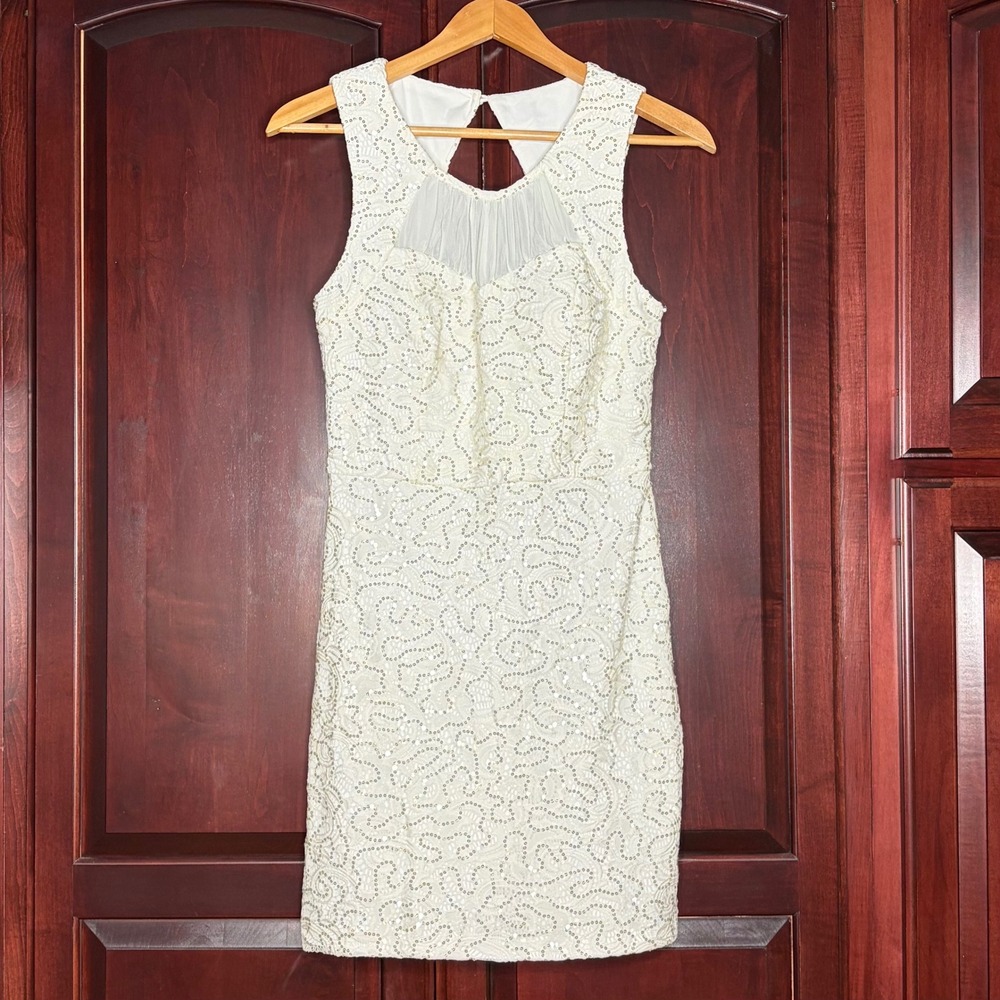Lace Sequin Dress Illusion Neckline Keyhole Back Ivory Gold 11 Jr Mall Glam Chic